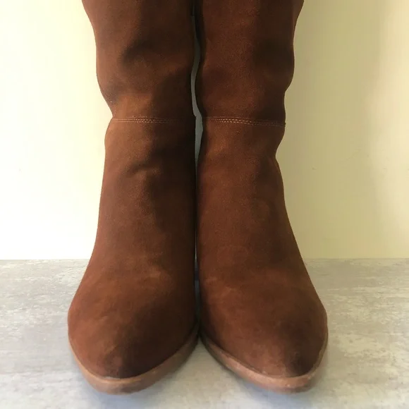 Steve Madden Lucca Pieced Suede Over the Knee Stacked Heel Boot, Cognac 9.5 - Picture 8 of 12